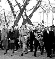 Funeral party leaving the White House - from left: President Charles de Gualle of France; Queen Frederika of Greece; King Baudouin of Belgium; Emperor Haile Selassie of Ethiopia; President Diosdado Macapagal of the Philippines.