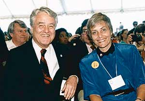Sargent Shriver with Peace Corps Director Loret Ruppe under the big white tent.
