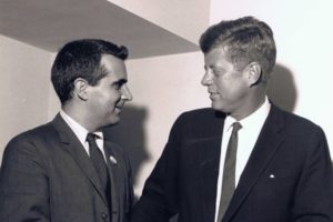 Charles Peters of West Virginia, then in his 30s, with the candidate he was working for in the 1960 election. 